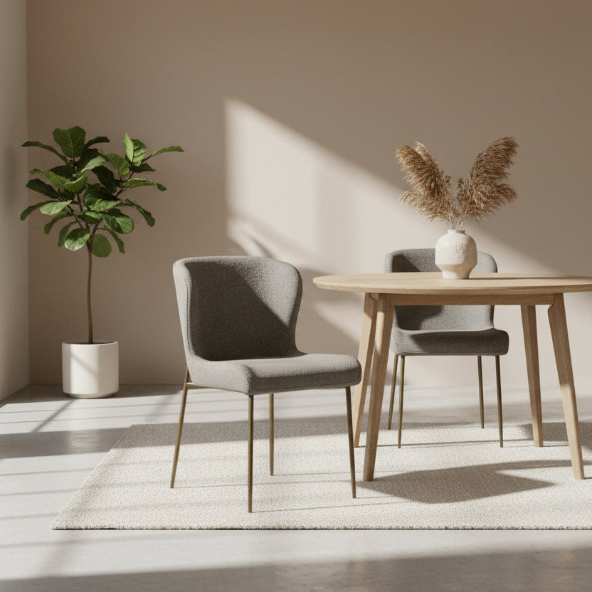 ZENTRA | כיסא מרופד בבד בוקלה בשילוב מתכת בגוון פליז