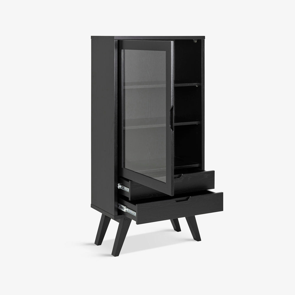 WEI | קומודה מעץ וזכוכית, עם 2 מגירות ומדפים סגורים