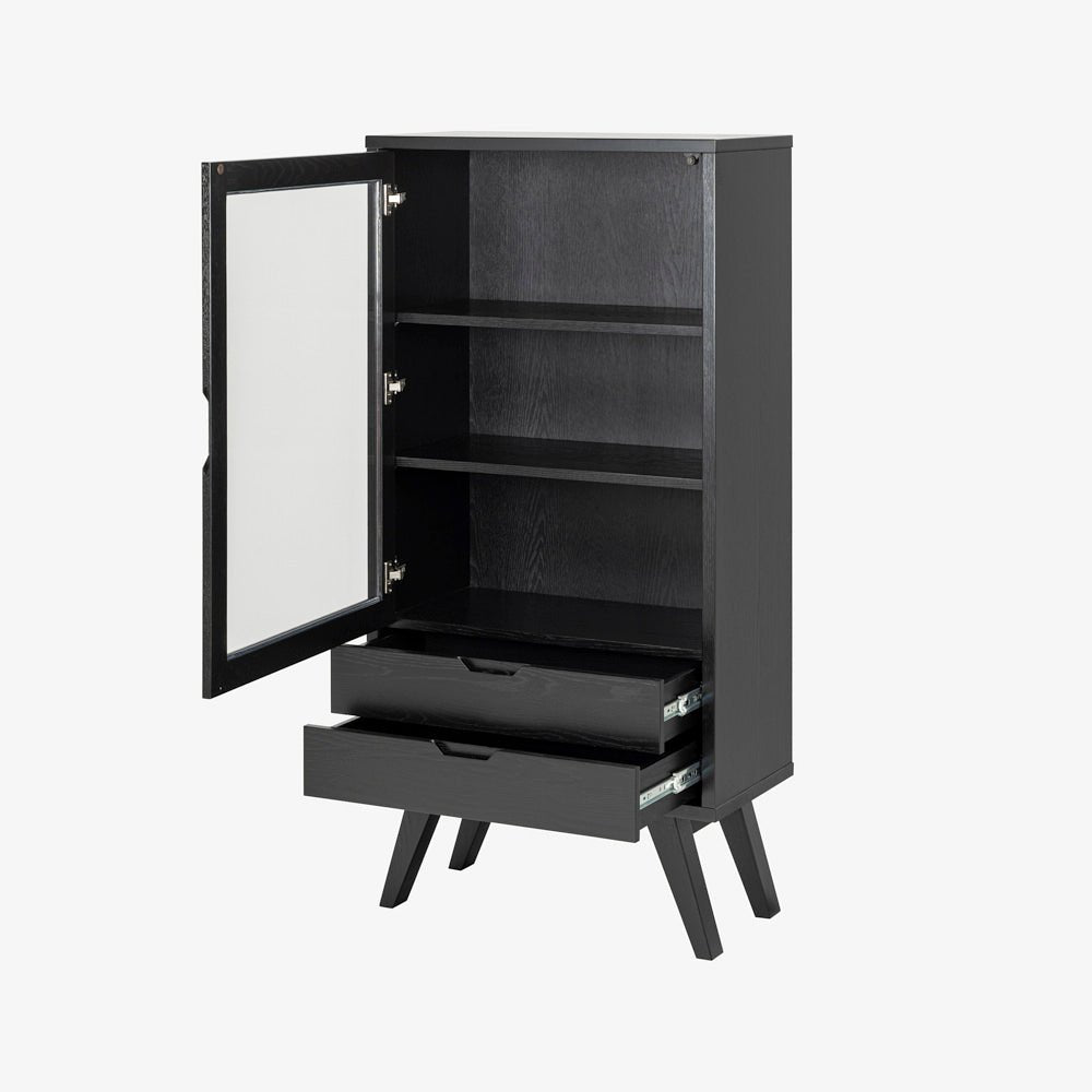 WEI | קומודה מעץ וזכוכית, עם 2 מגירות ומדפים סגורים