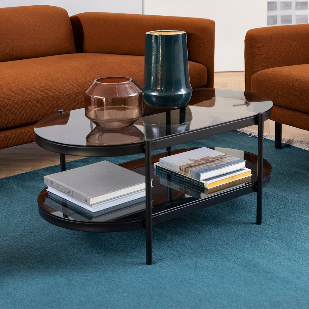 SAN | שולחן סלון אובלי ממתכת וזכוכית, 95/50 ס"מ