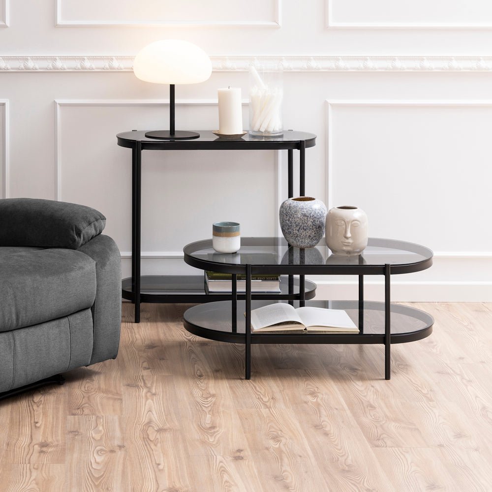 SAN | שולחן סלון אובלי ממתכת וזכוכית, 95/50 ס"מ