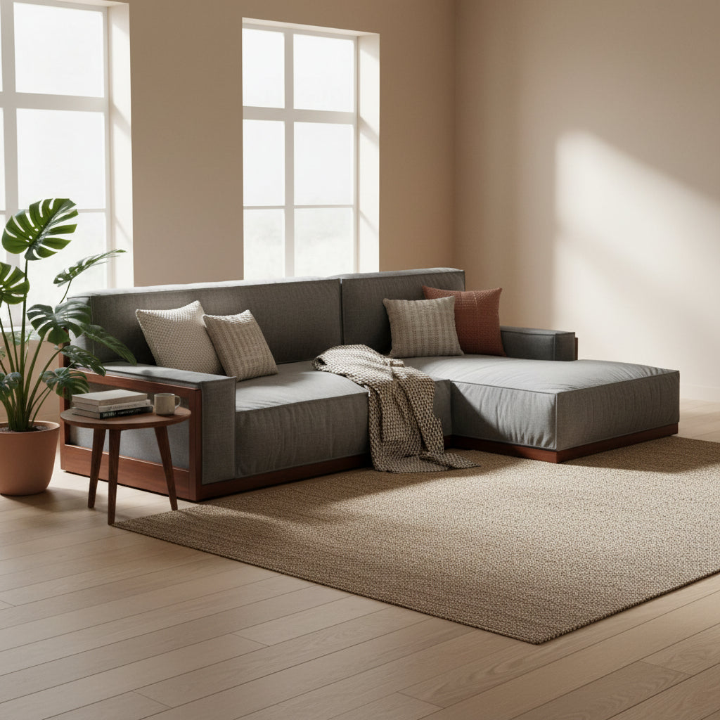 JOBO | ספת שזלונג מעוצבת בבד אריג משולבת עץ מלא