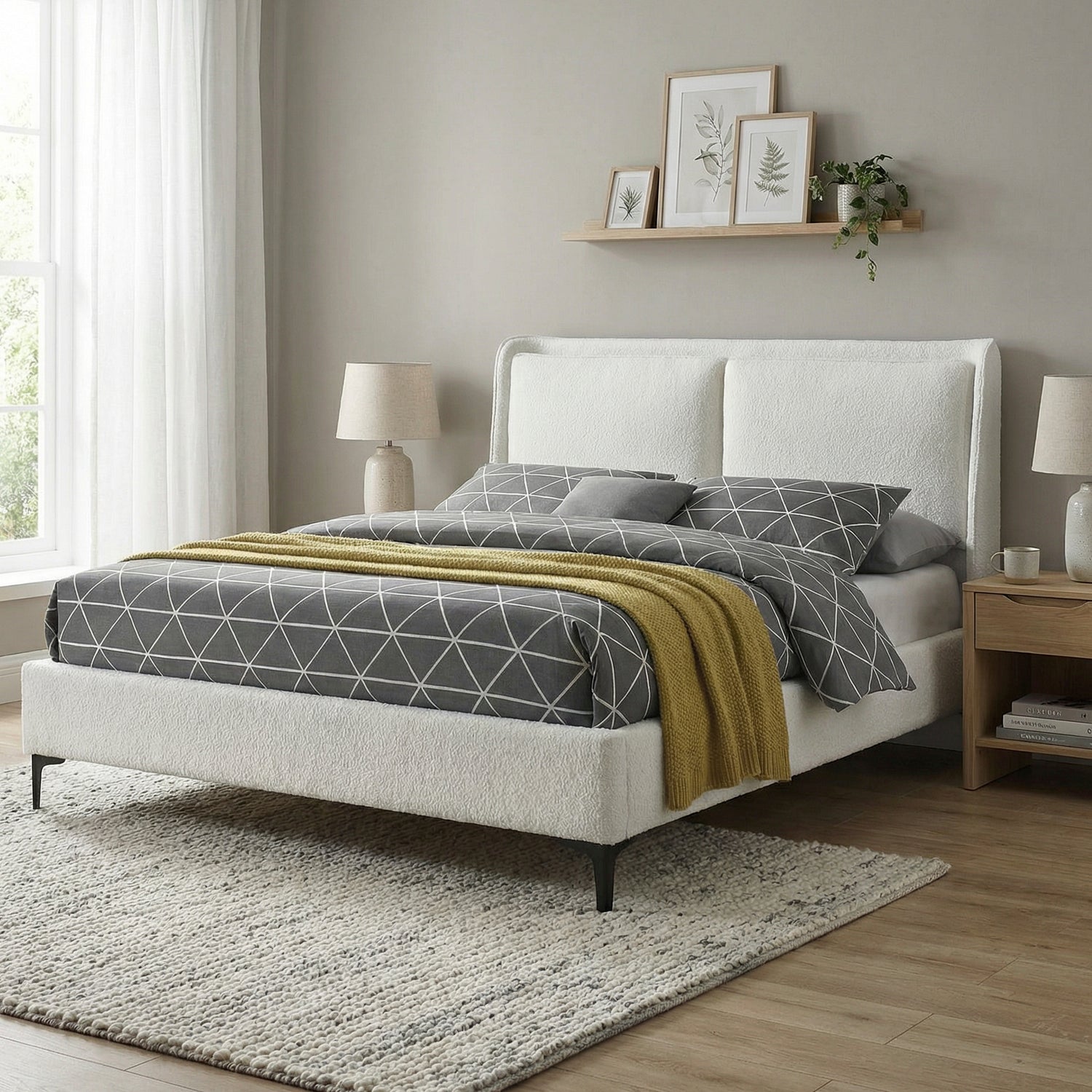 MOLRIK | מיטה זוגית מרופדת בבד בוקלה, 140/190 ס"מ