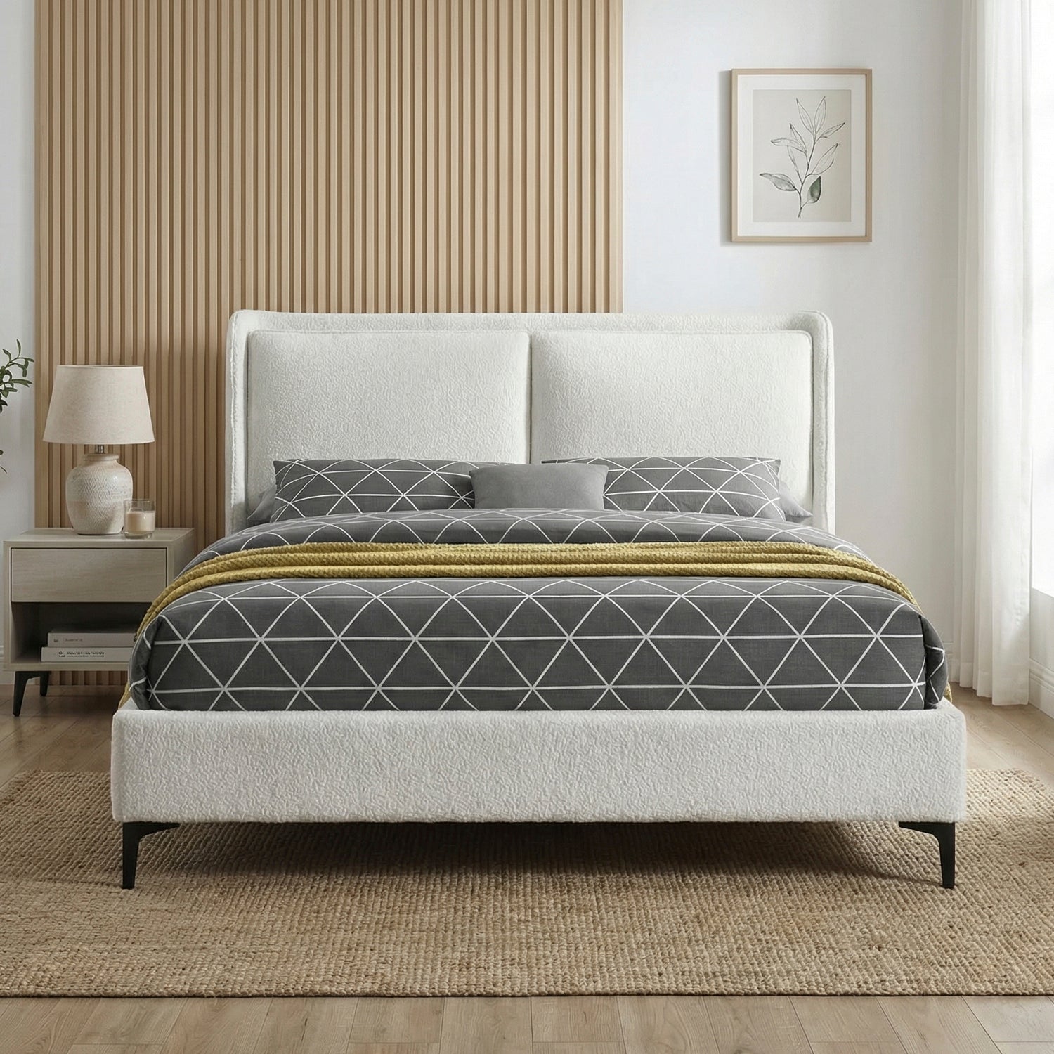 MOLRIK | מיטה זוגית מרופדת בבד בוקלה, 140/190 ס"מ