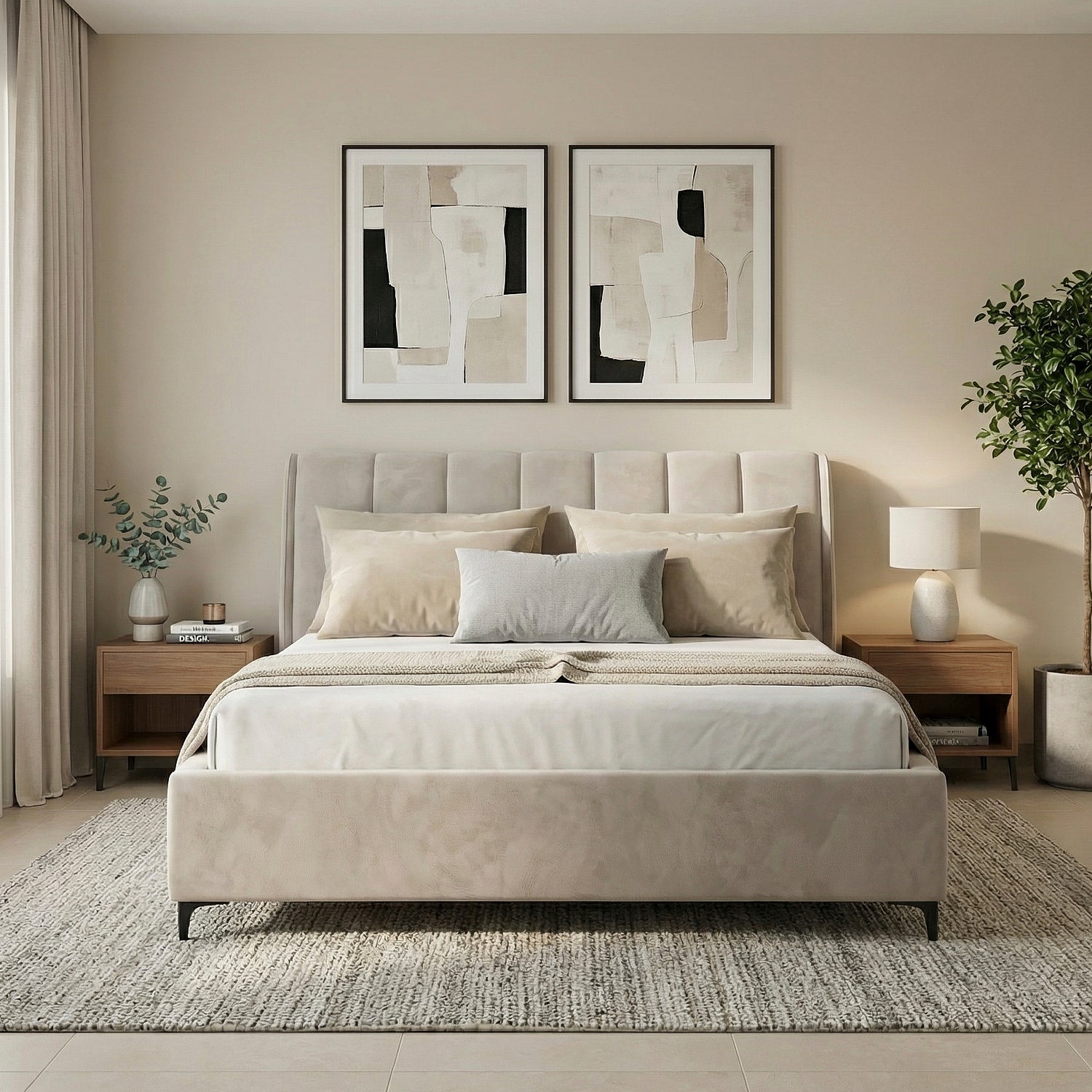 KARVAR | מיטה מודרנית מרופדת בבד קטיפה בגוון אבן