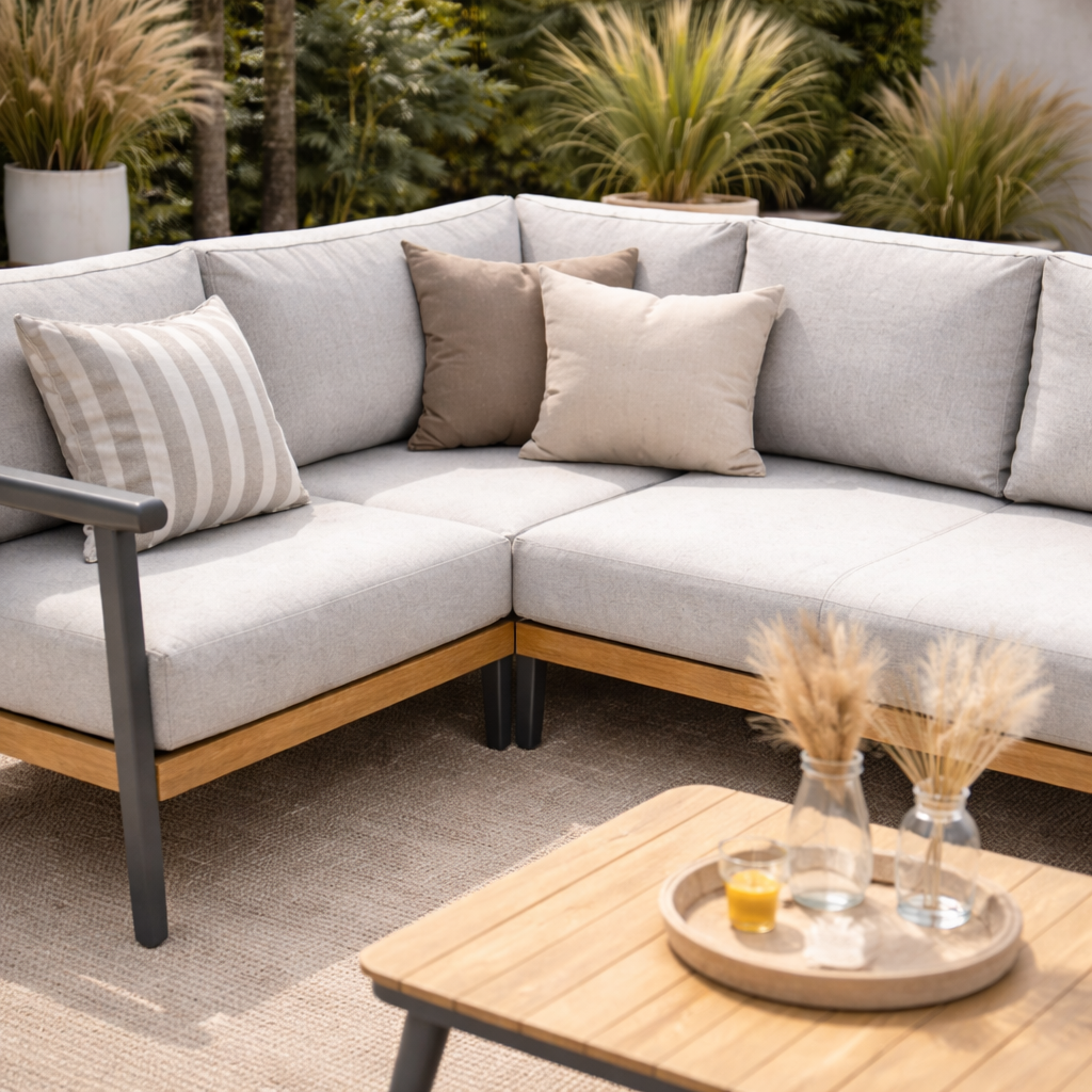 LENA | סט ישיבה פינתי לגינה מאלומיניום, דמוי עץ וכריות - KUALA