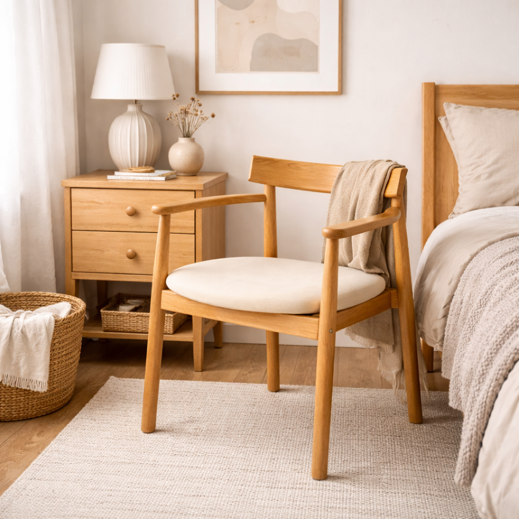 MYRAMO | כיסא אוכל מעוצב מעץ מילה וריפוד אריג