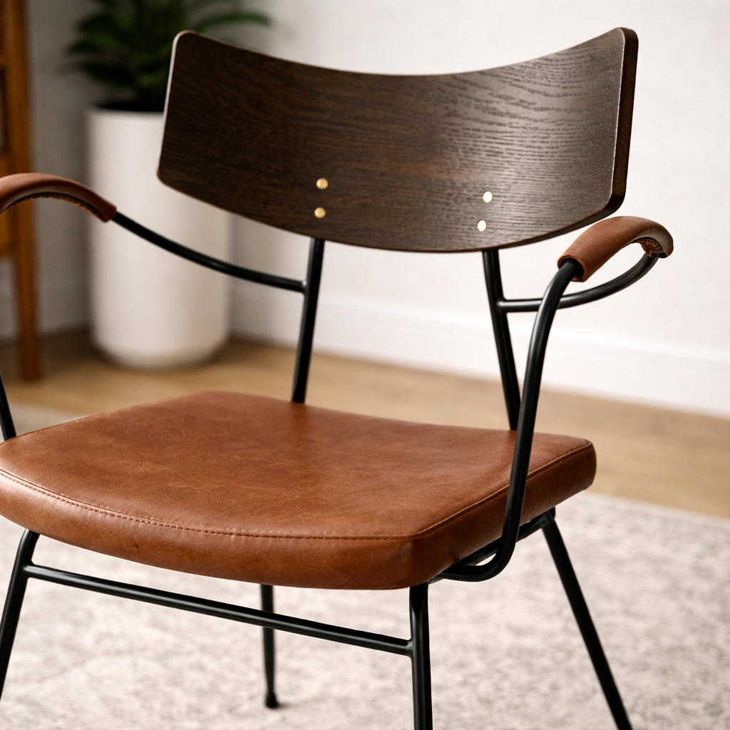 ASALINE | כיסא אוכל מעוצב ממתכת, ריפוד עור ועץ אלון מלא