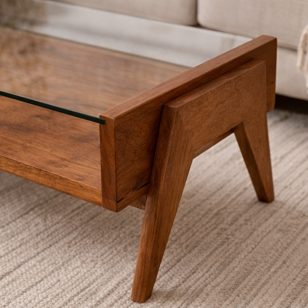 EDDAVAR | שולחן סלון מלבני מעץ וזכוכית, 123/46 ס"מ