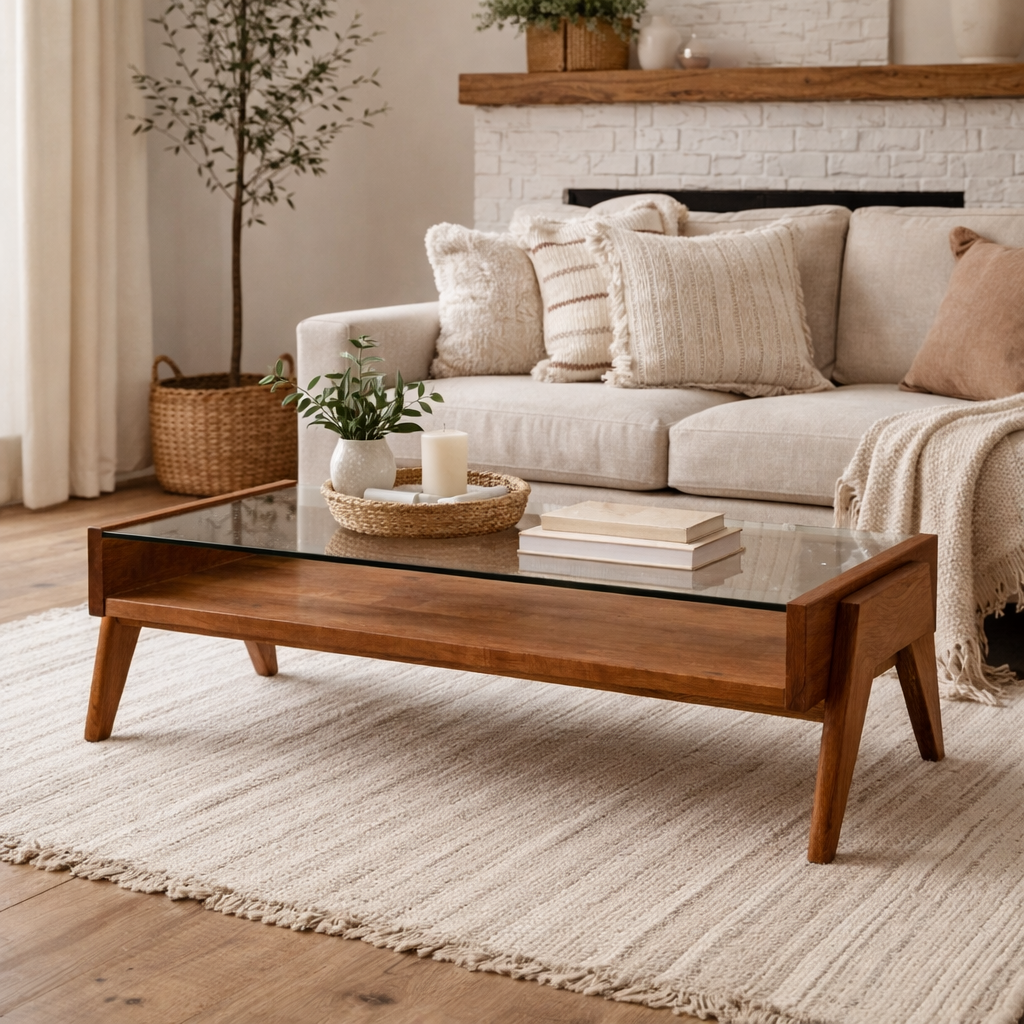 EDDAVAR | שולחן סלון מלבני מעץ וזכוכית, 123/46 ס"מ