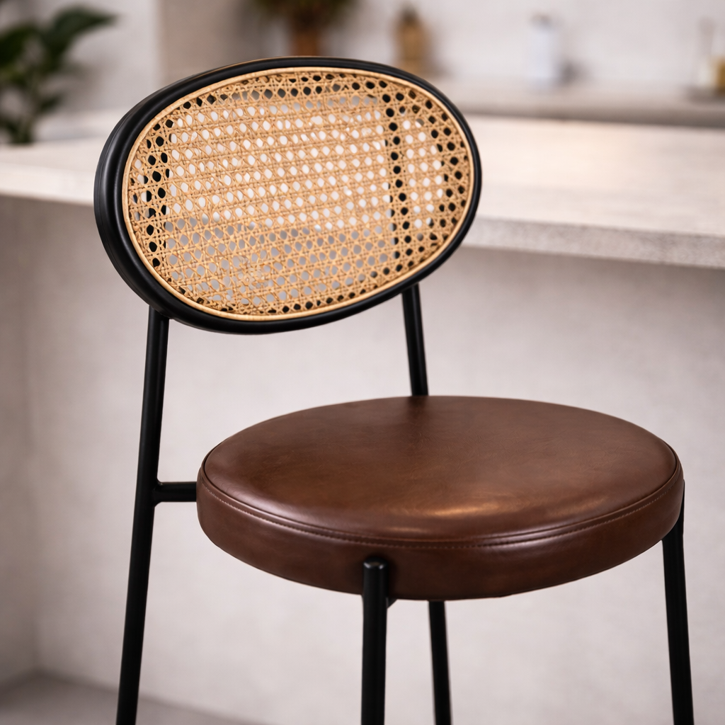 NALO | כיסא בר מרופד בדמוי עור בשילוב ראטן ומתכת - KUALA