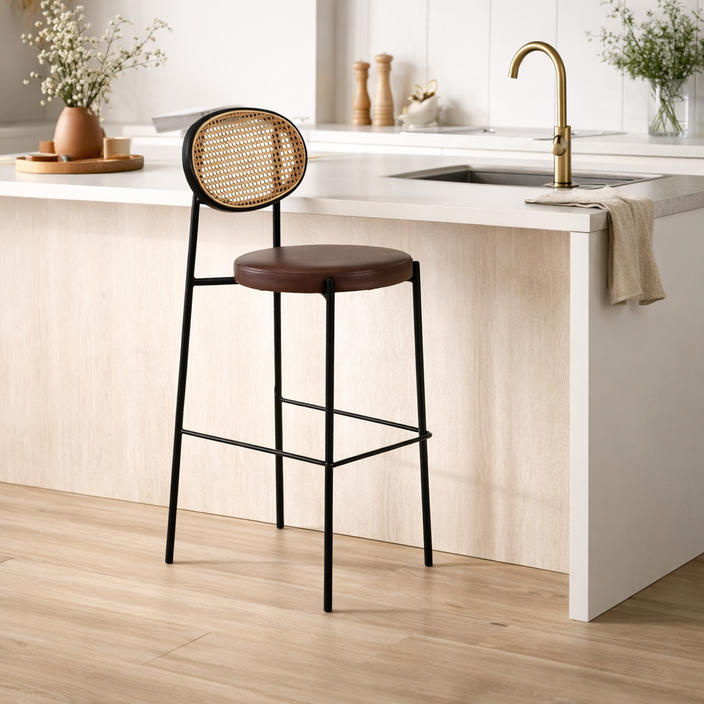 NALO | כיסא בר מרופד בדמוי עור בשילוב ראטן ומתכת - KUALA