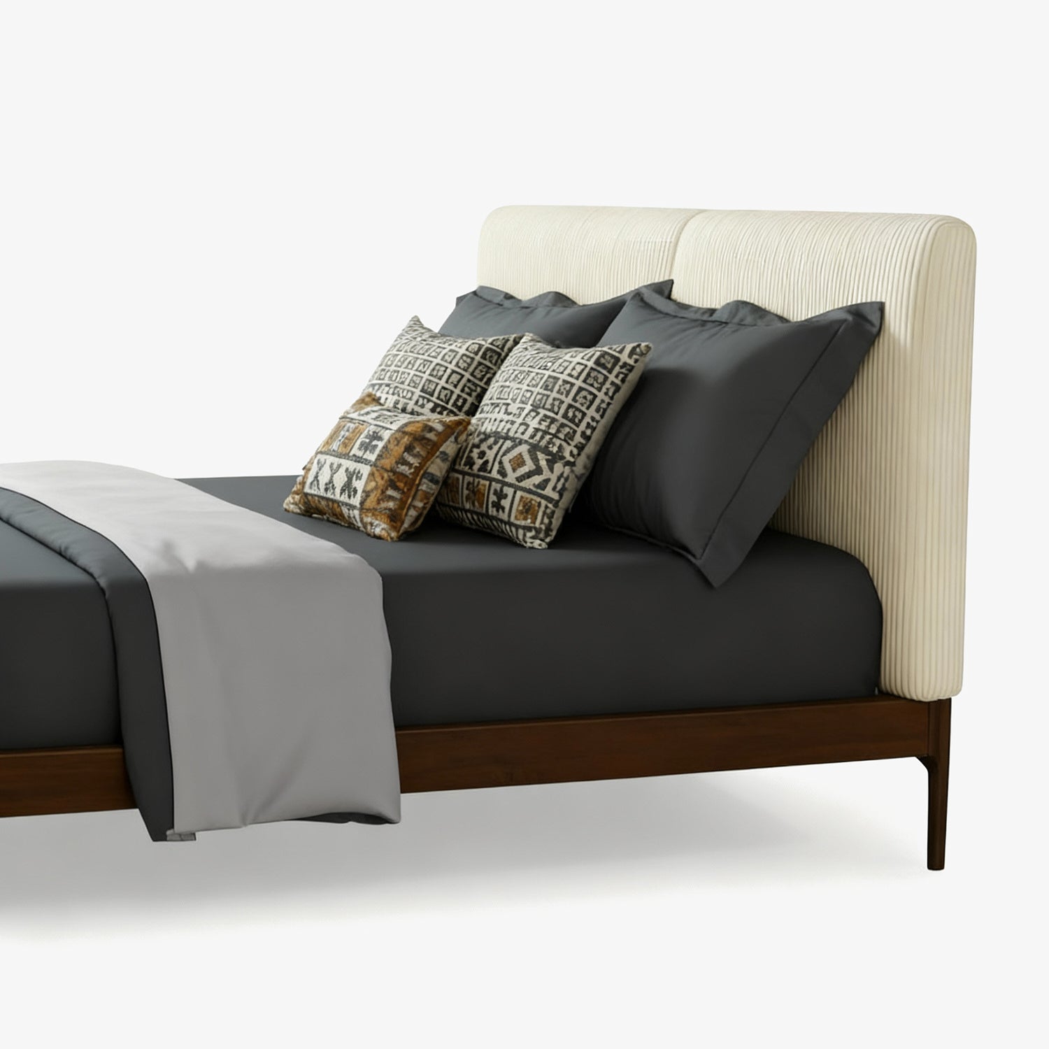 HALVI | מיטה סקנדינבית מרופדת בבד קורדרוי בשילוב עץ אגוז