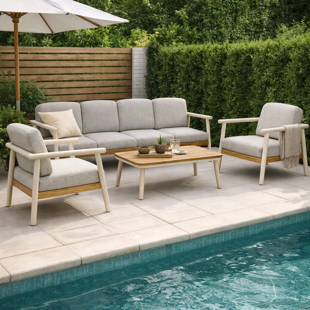 MATE | סט ישיבה מאלומיניום, דמוי עץ וכריות לגינה - KUALA