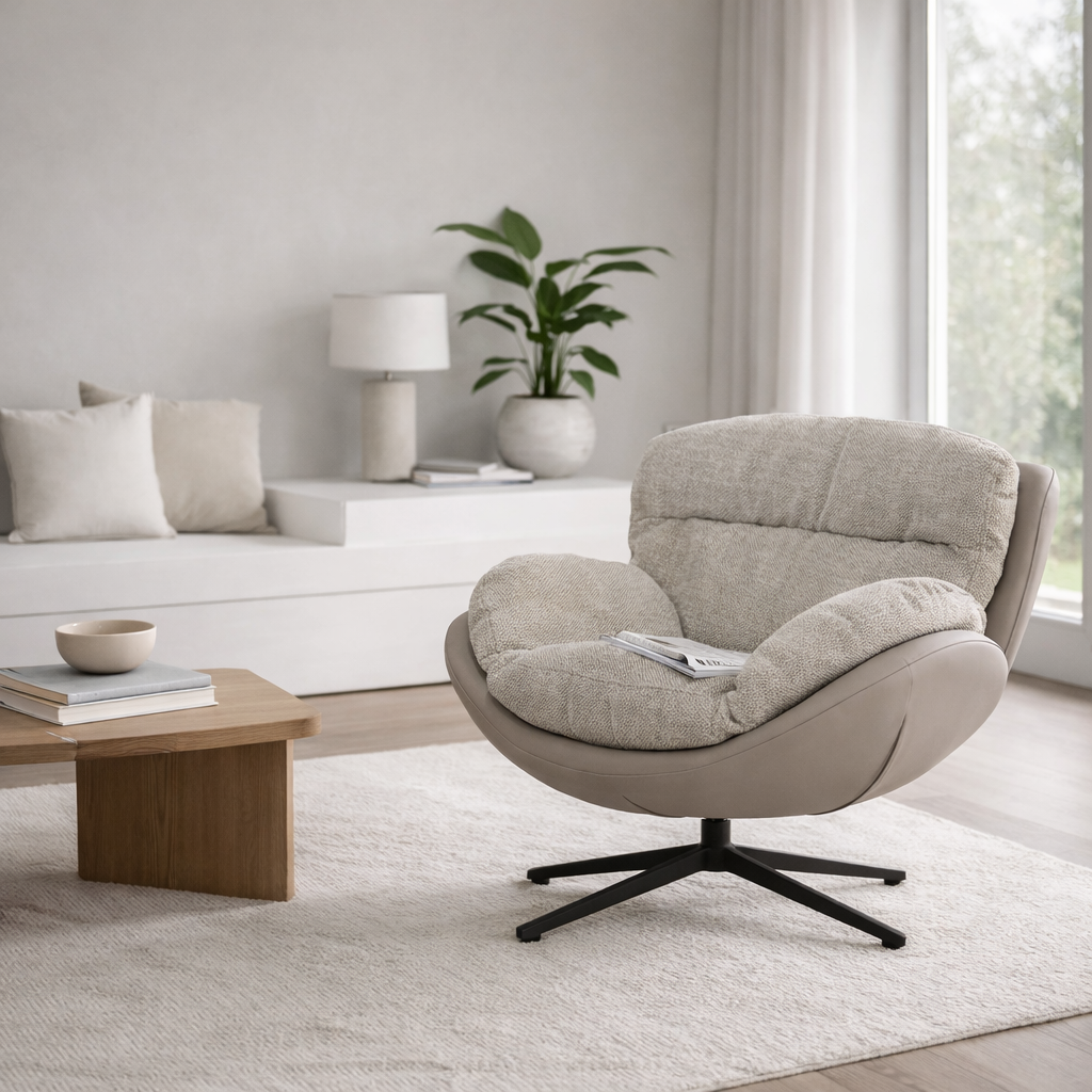 DUALI | כורסא מסתובבת מרופדת בבד אריג בשילוב דמוי עור - KUALA