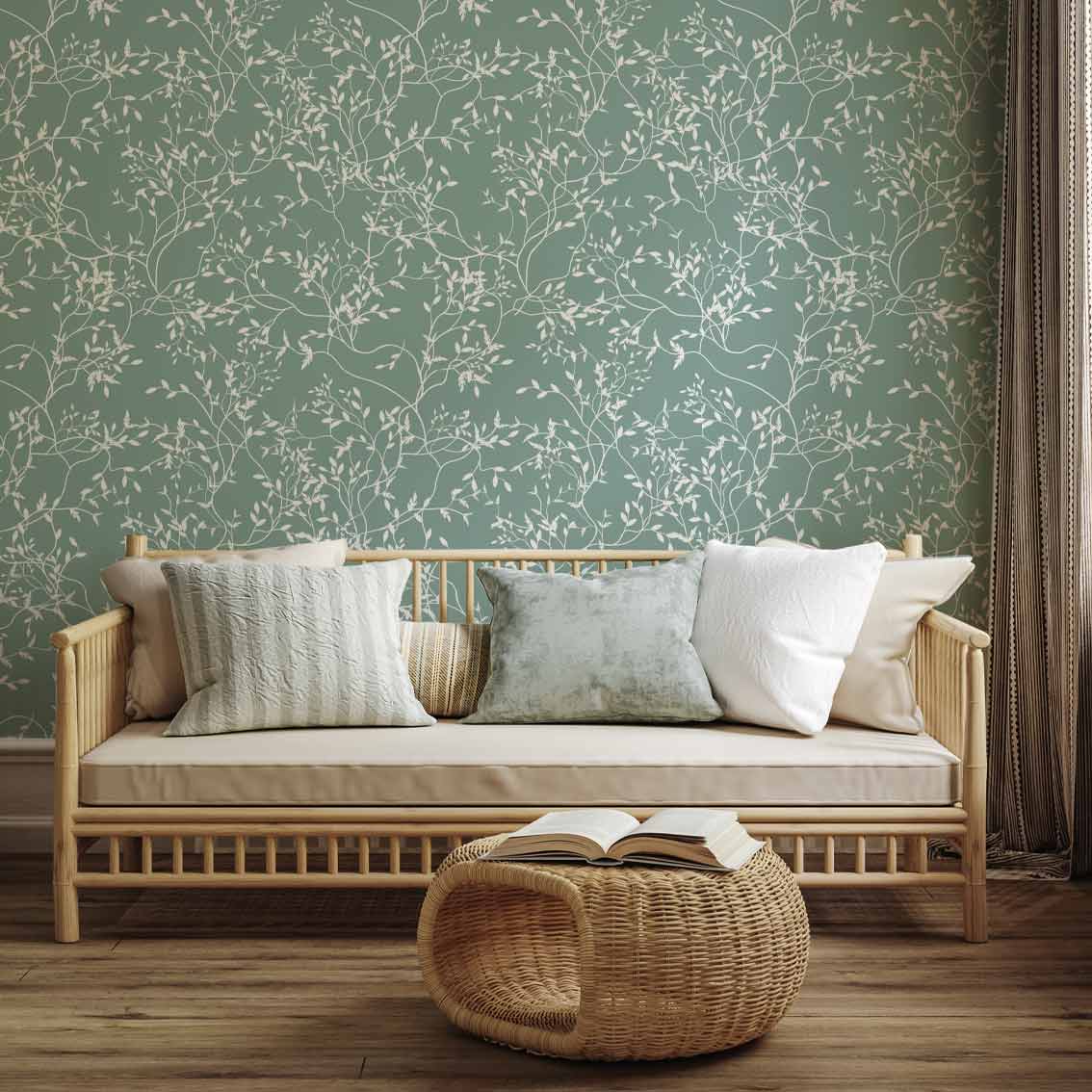 VOXU | טפט ענפי עלים לבנים על רקע ירוק מעושן