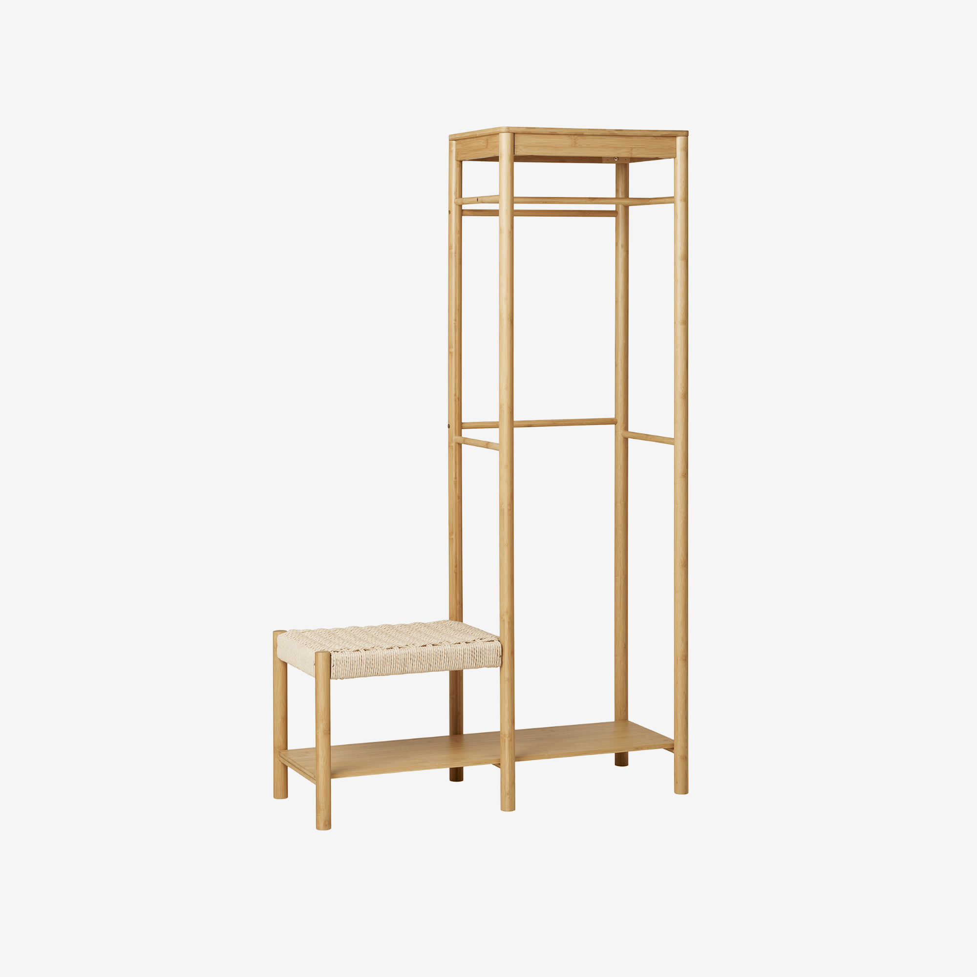 DORVA | מתלה בגדים מבמבוק וחבל, עם ספסל ומדף , 95/165 ס"מ