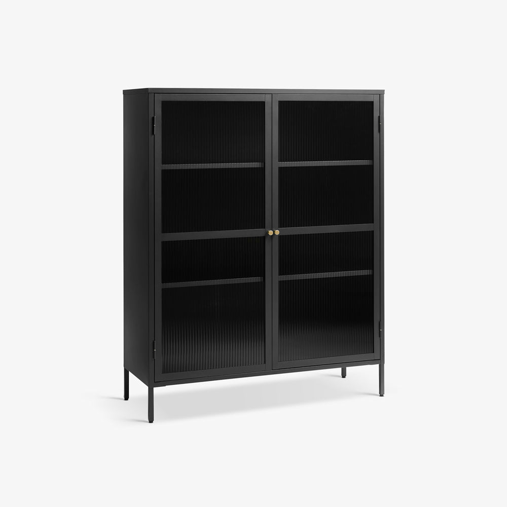 KIM | שידת אחסון מודרנית ממתכת וזכוכית, עם מדפים סגורים, גוון שחור