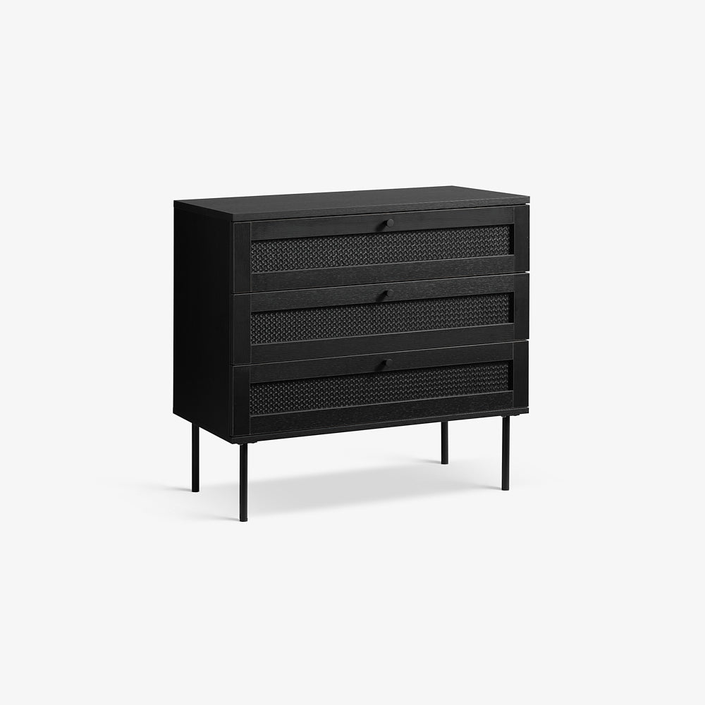 NORIYA | קומודה מעץ, ראטן ומתכת, עם 3 מגירות, גוון שחור