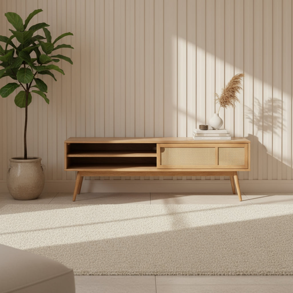 TOUMA | מזנון בוהו שיק מעץ וראטן, עם מדפים פתוחים וסגורים