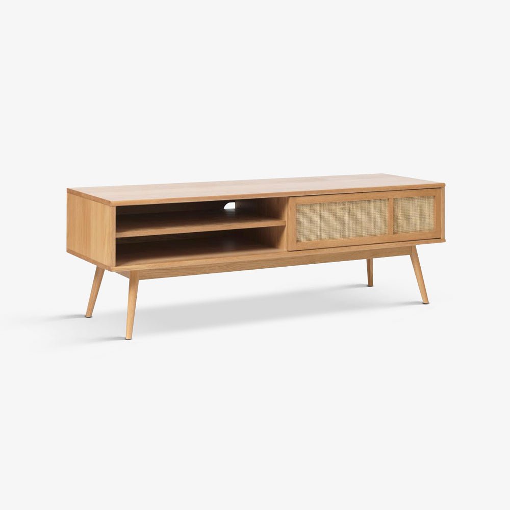 TOUMA | מזנון בוהו שיק מעץ וראטן, עם מדפים פתוחים וסגורים