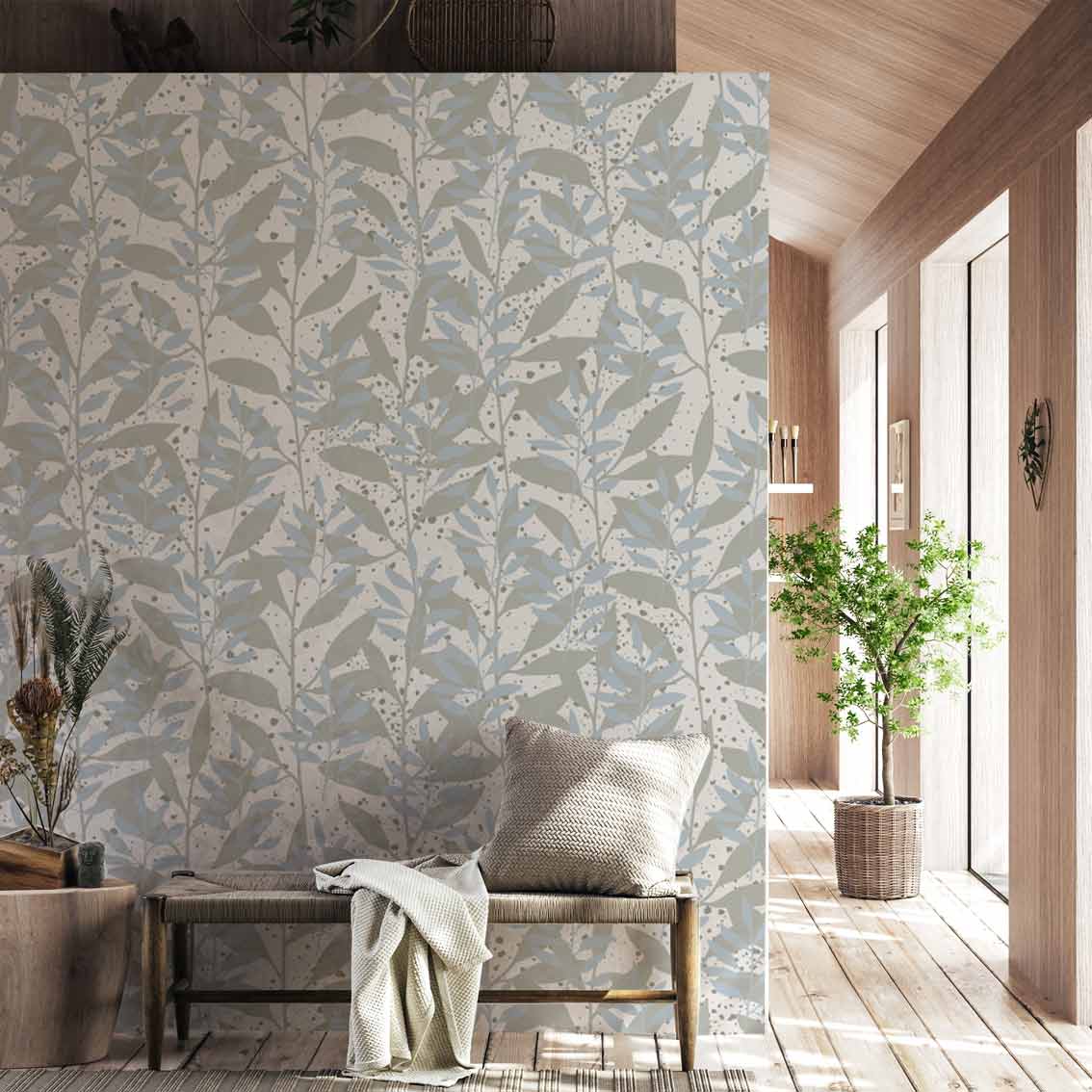 JOFEM | טפט עלים עדינים אפור-תכלת