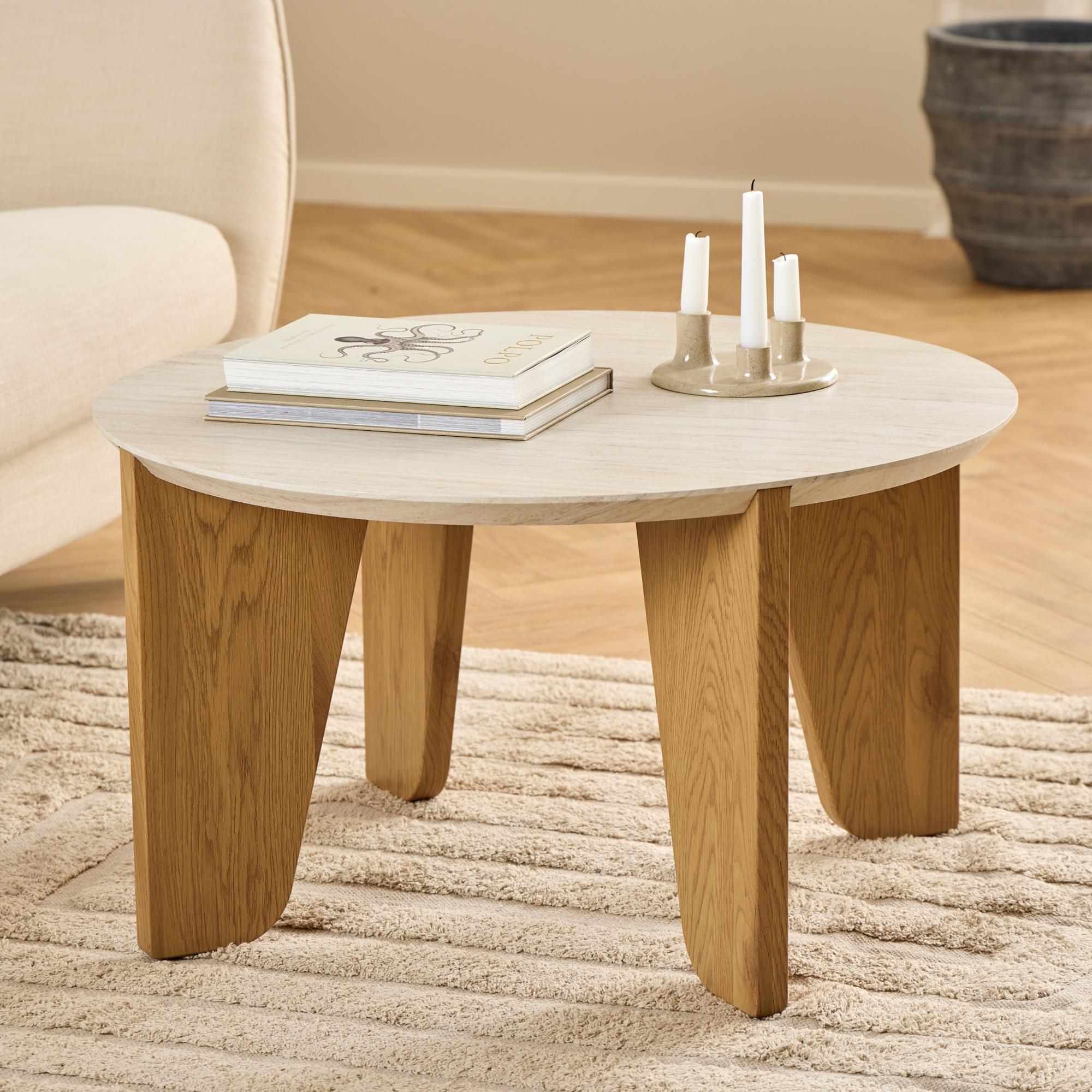 NAZA | שולחן סלון עגול ממלמין ועץ, קוטר 80 ס"מ