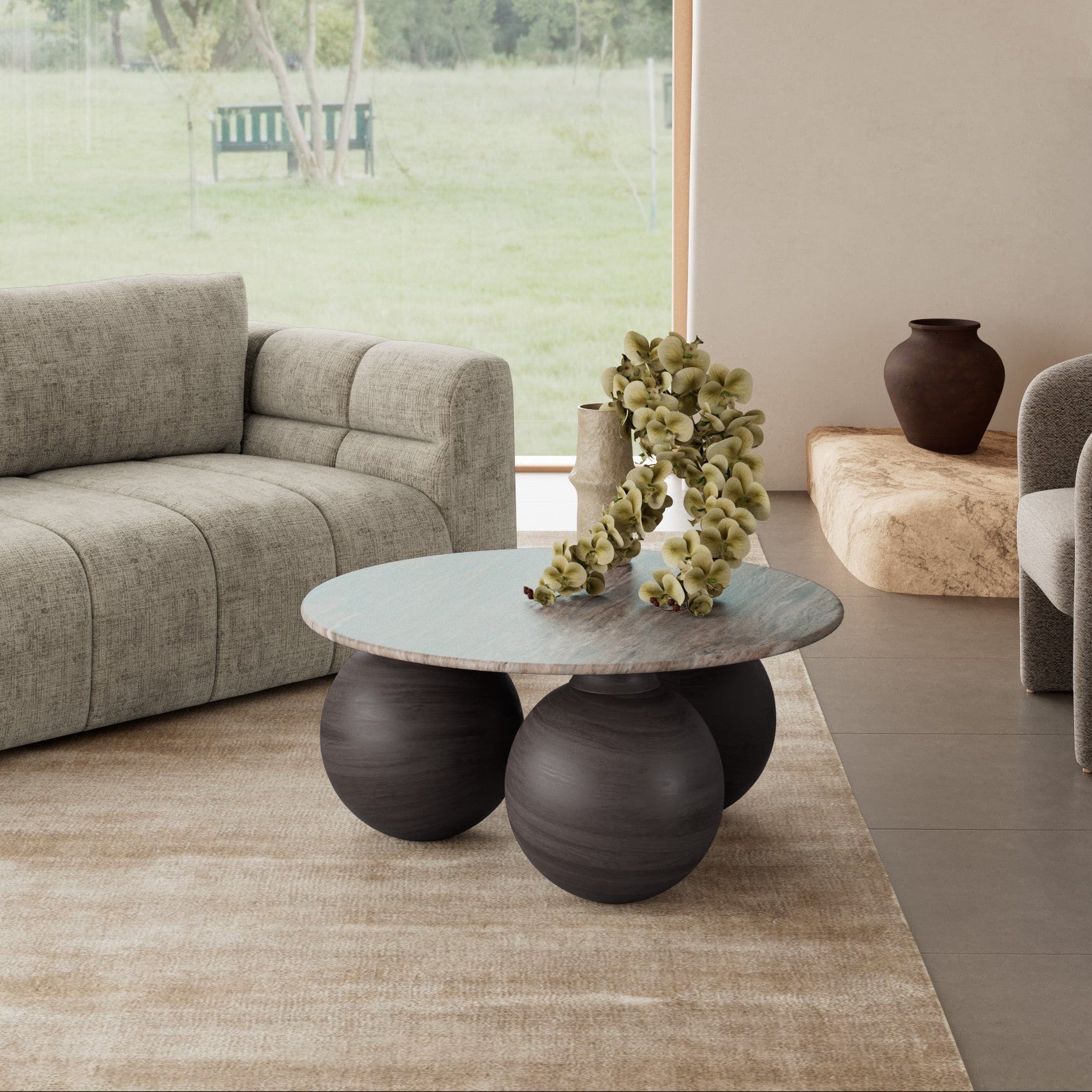 BRUNO | שולחן סלון עגול משיש ועץ מנגו, קוטר 95 ס"מ