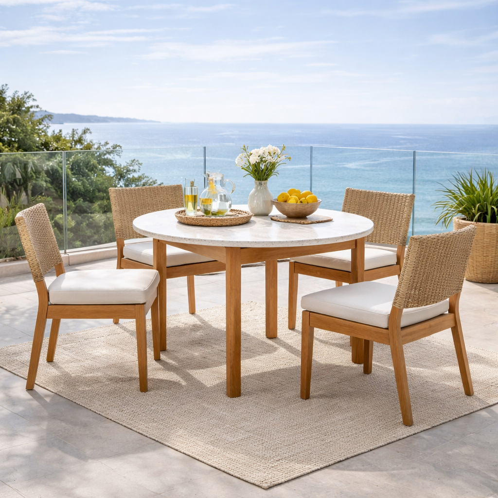 TERA | שולחן אוכל לגינה מעץ שיטה ואבן טרצו, קוטר 120 ס"מ - KUALA