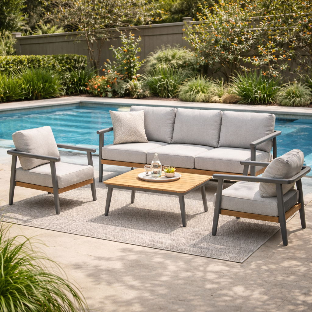 JOLTA | סט ישיבה מאלומיניום, דמוי עץ וכריות לגינה - KUALA