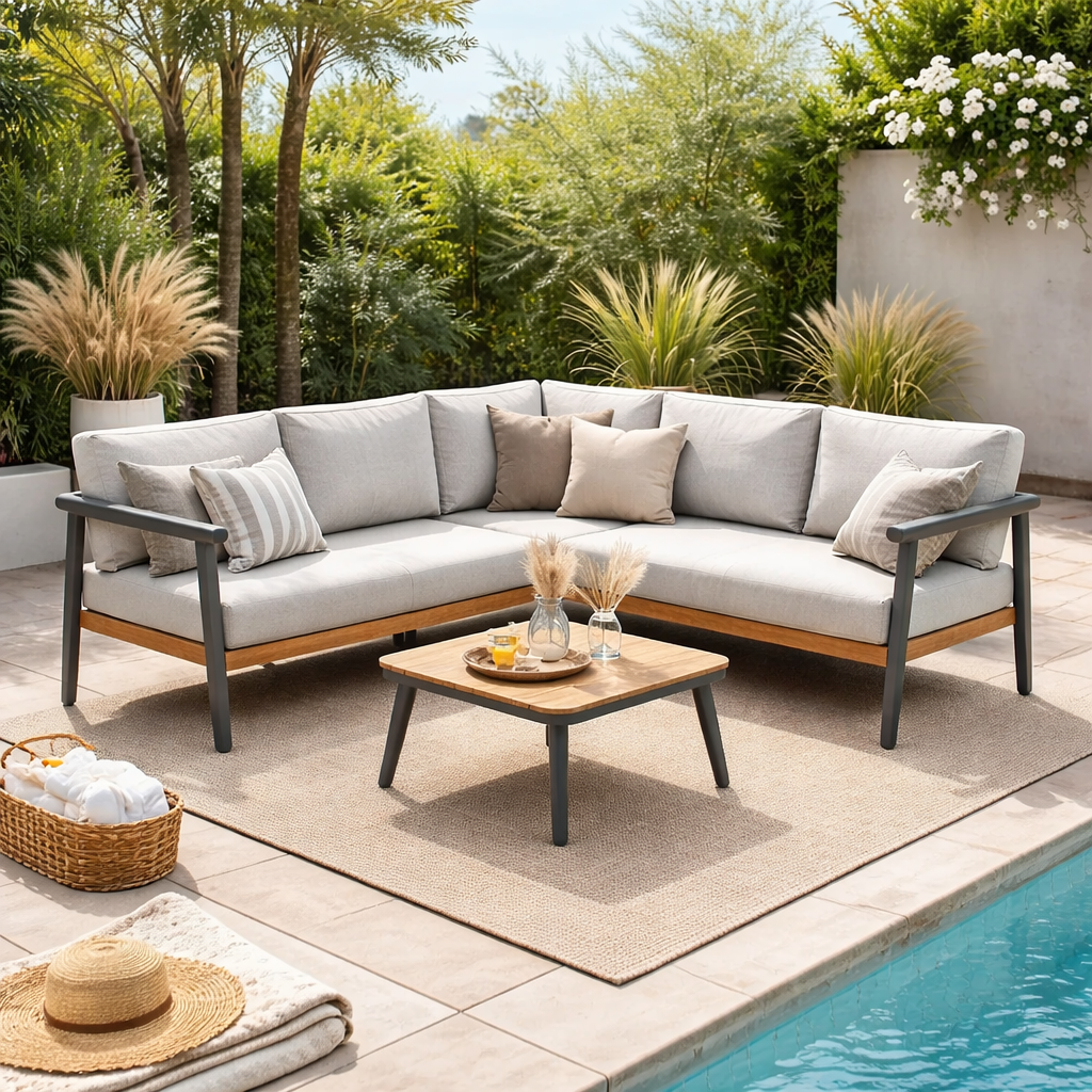 LENA | ספה פינתית מאלומיניום, דמוי עץ וכריות לגינה - KUALA