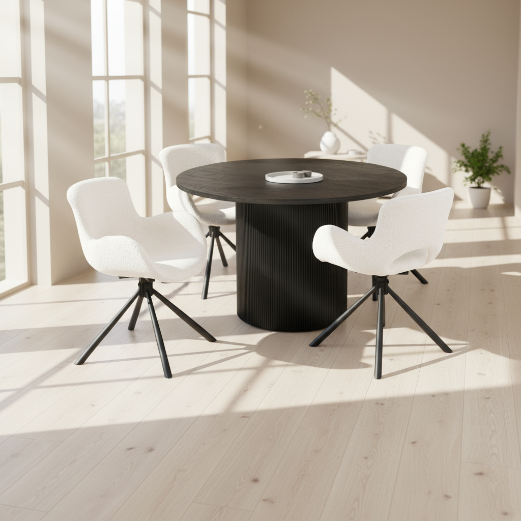 MEBUL | שולחן אוכל עגול קוטר 120 ס"מ, עד 6 סועדים עם 4 כסאות