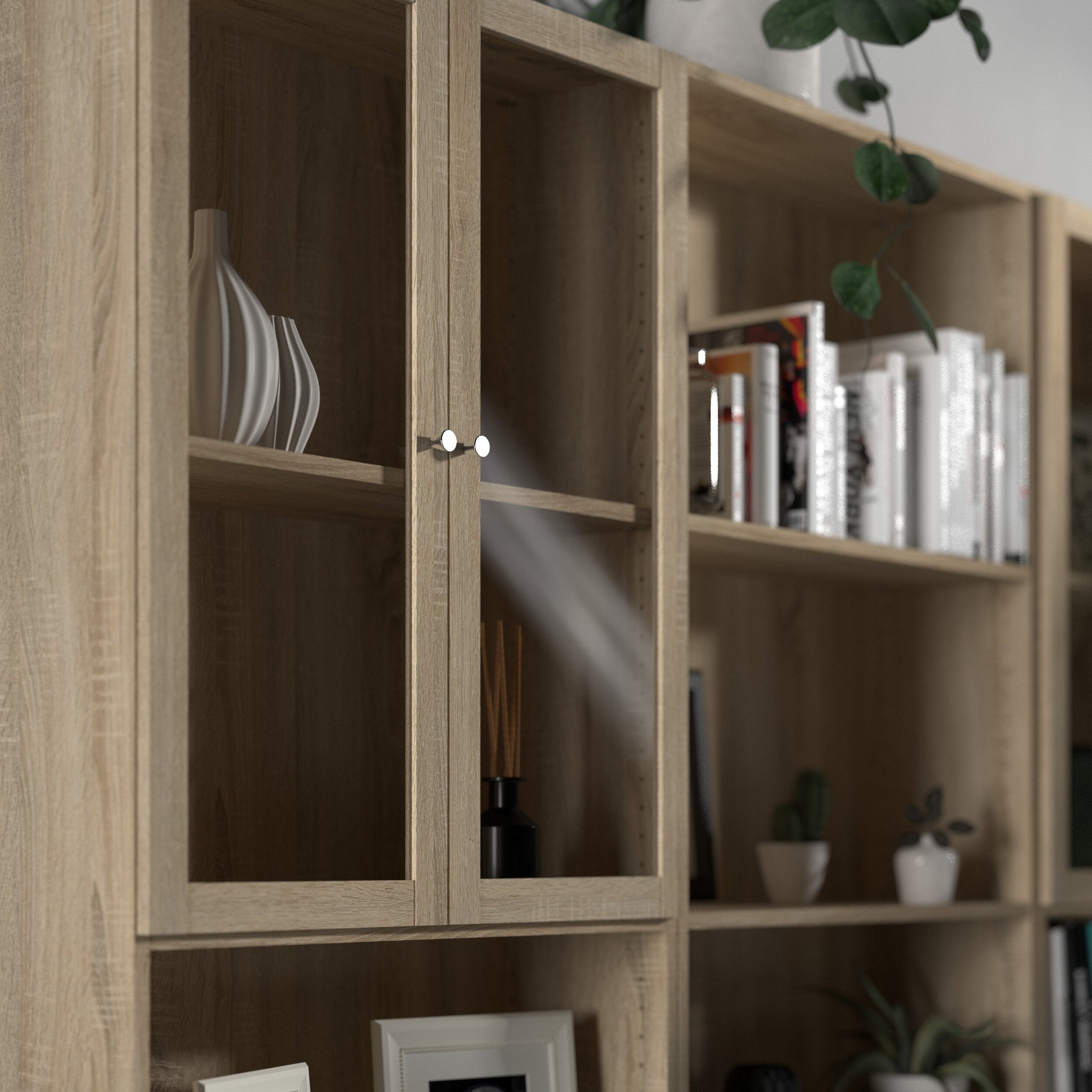 YARETI | ספריה ממלמין וזכוכית, עם מדפים סגורים ופתוחים