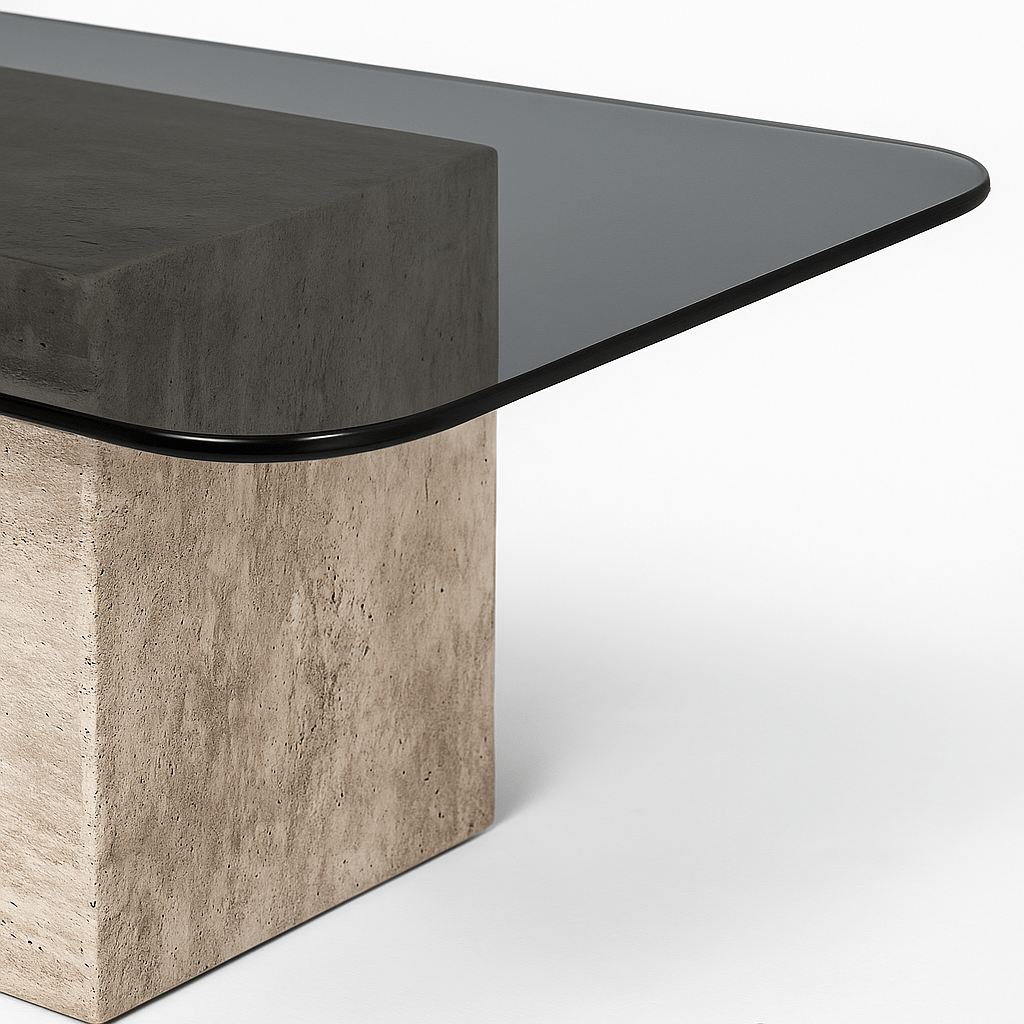 DOKSEN | שולחן סלון מאבן טרוורטין וזכוכית מחוסמת, 140/60 ס"מ