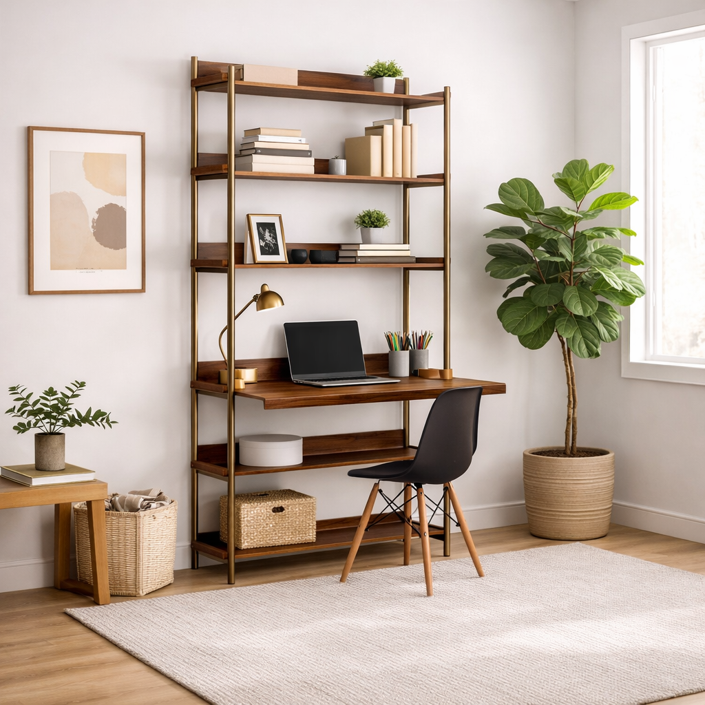 VIORA | יחידת מדפים עם שולחן בשילוב מתכת בגוון פליז