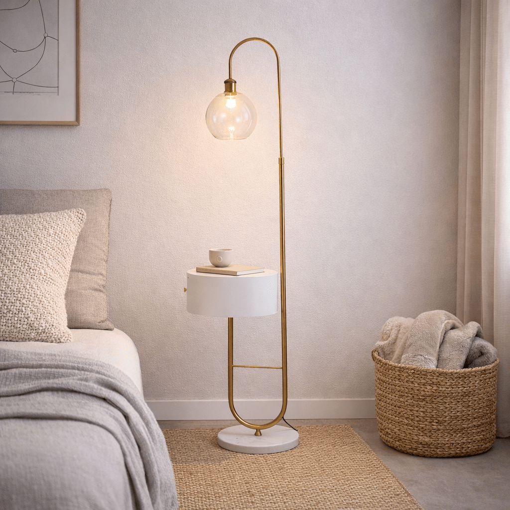 GUNNEN | מנורת עמידה מעוצבת בשילוב מדף