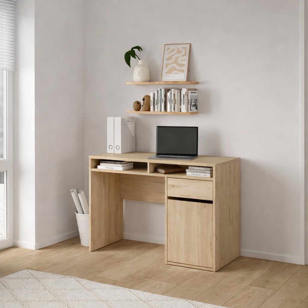 TYRI | שולחן עבודה מעץ עם מגירה, דלת אחסון ומדפים פתוחים, 110 ס"מ, גוון טבעי - KUALA