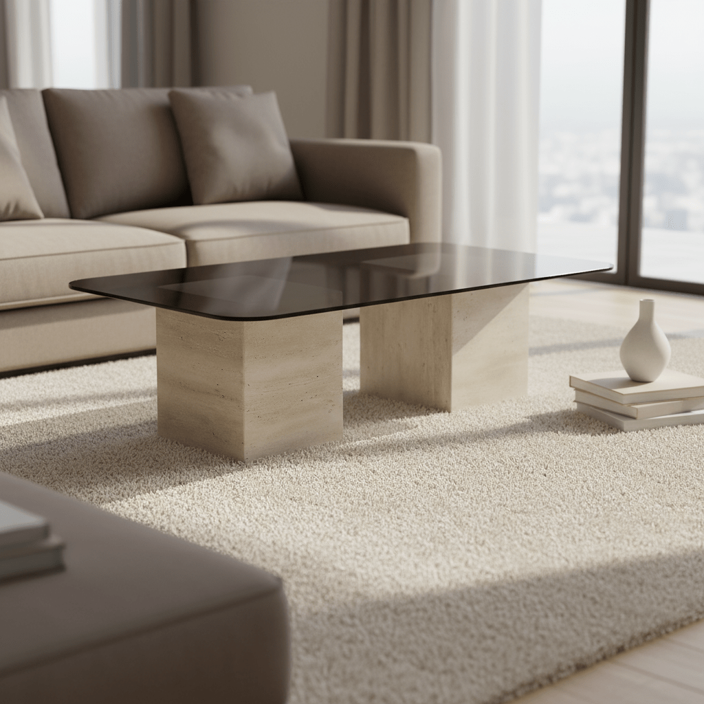 DOKSEN | שולחן סלון מאבן טרוורטין וזכוכית מחוסמת, 140/60 ס"מ