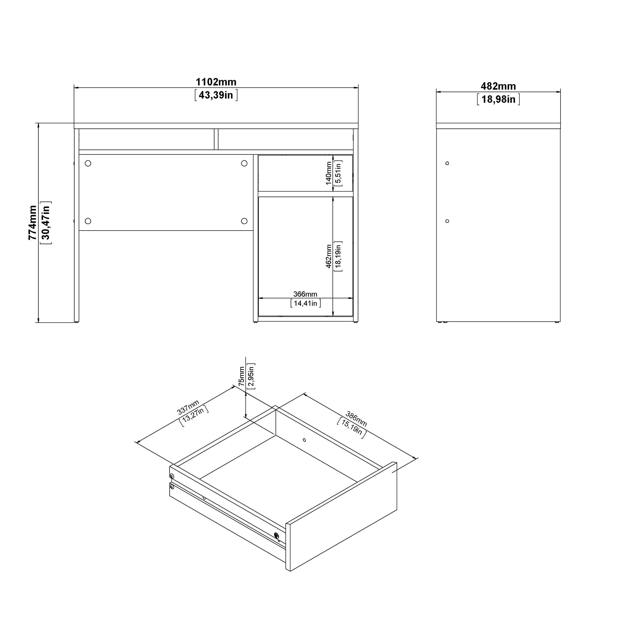 TYRI | שולחן עבודה מעץ עם מגירה ומדפים פתוחים וסגורים, 110 ס"מ