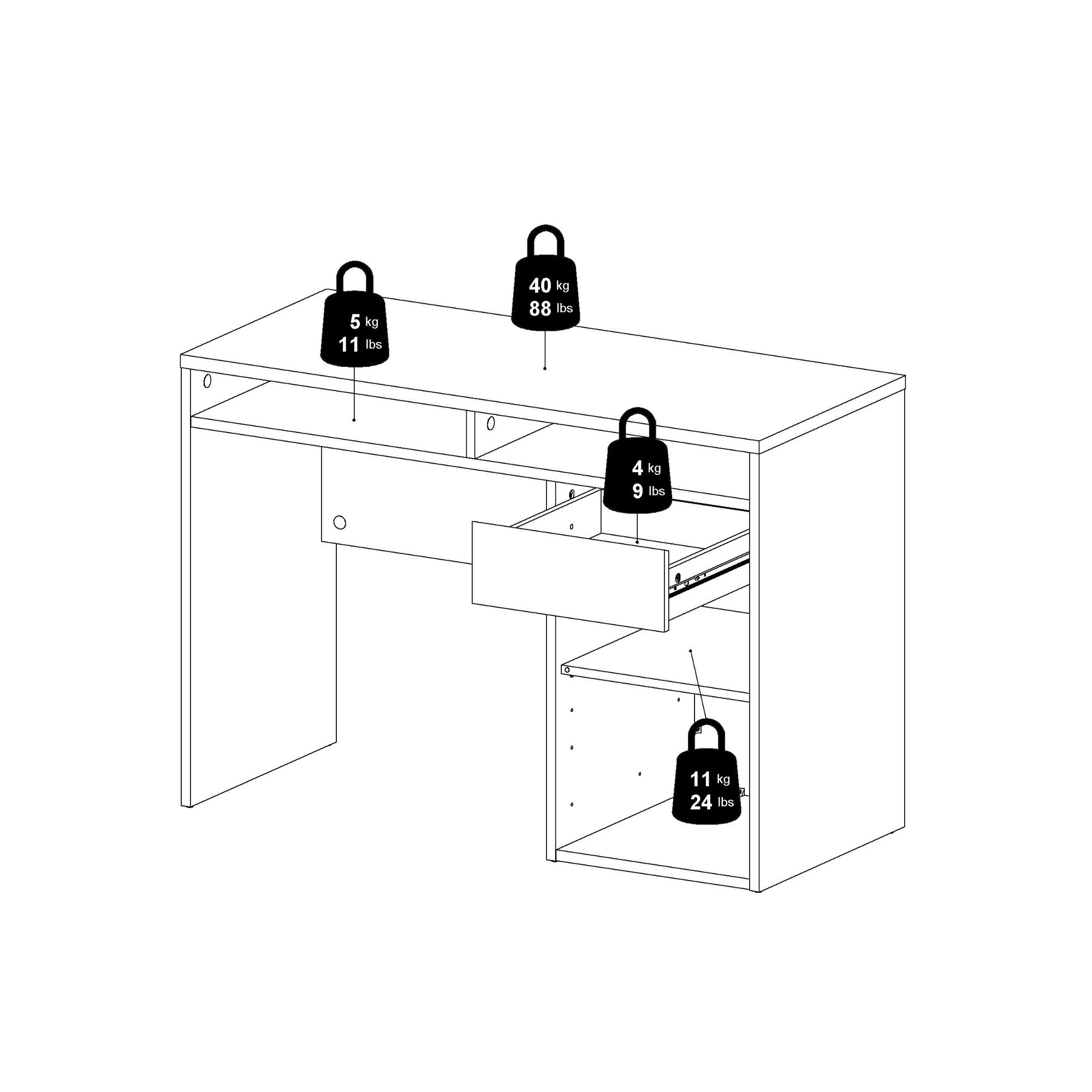 TYRI | שולחן עבודה מעץ עם מגירה ומדפים פתוחים וסגורים, 110 ס"מ