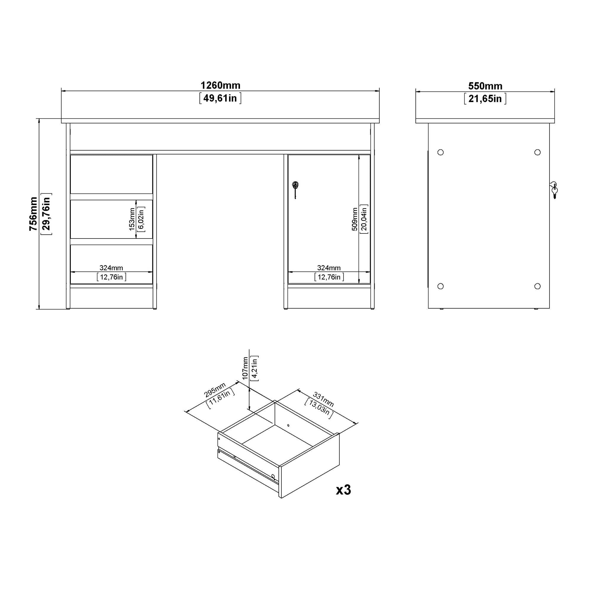 COASTA | שולחן עבודה עם 3 מגירות ודלת, 126 ס"מ - KUALA
