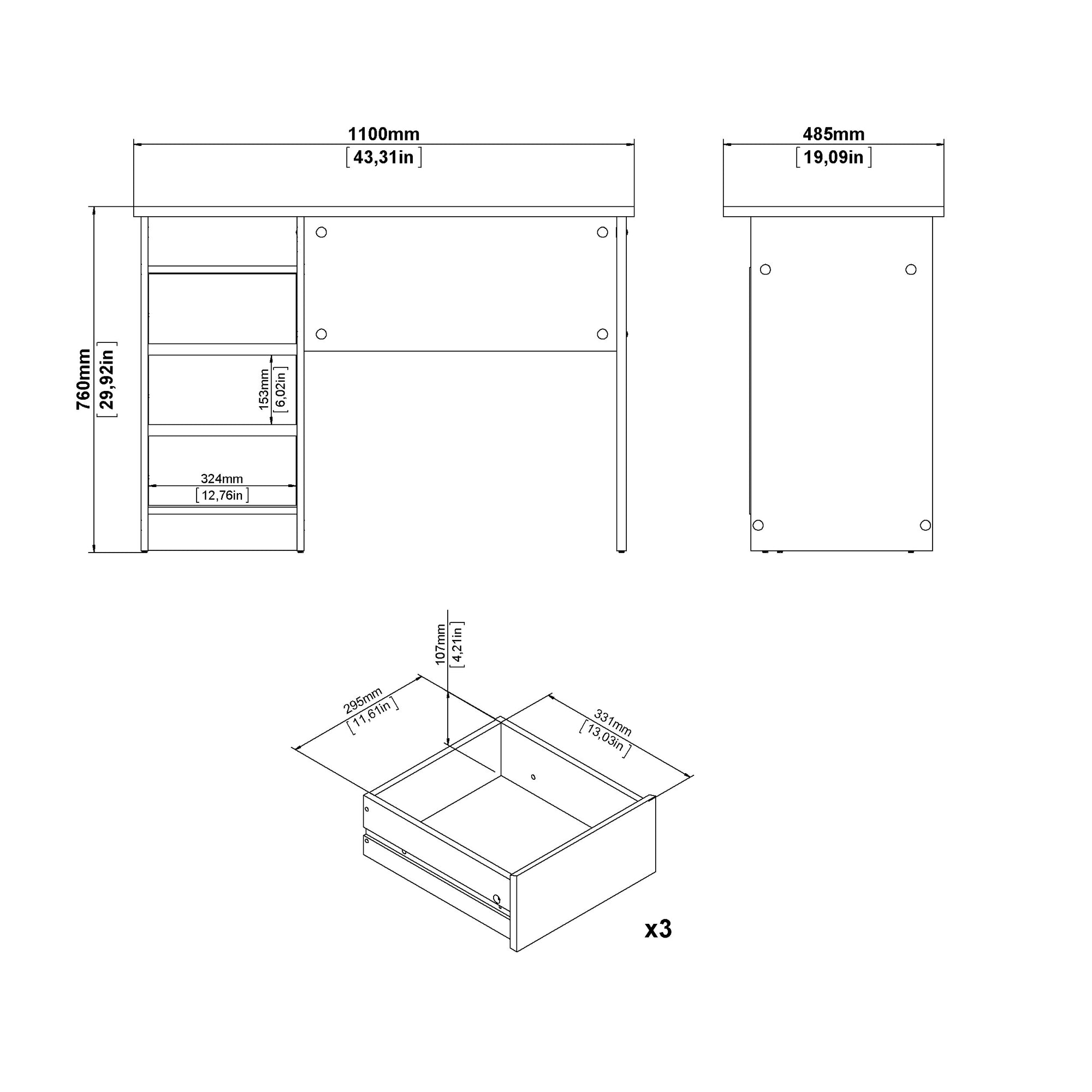 DUSTI | שולחן עבודה עם 3 מגירות ומדף פתוח, 110 ס"מ - KUALA