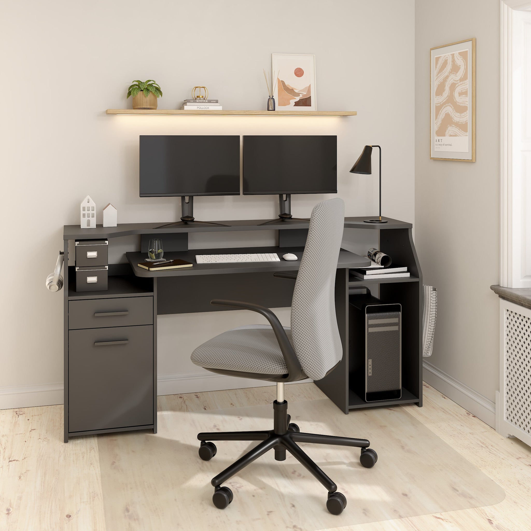 JUTE | שולחן גיימרים עם מדפים פתוחים, מגירה ודלת אחסון, 171 ס"מ - KUALA