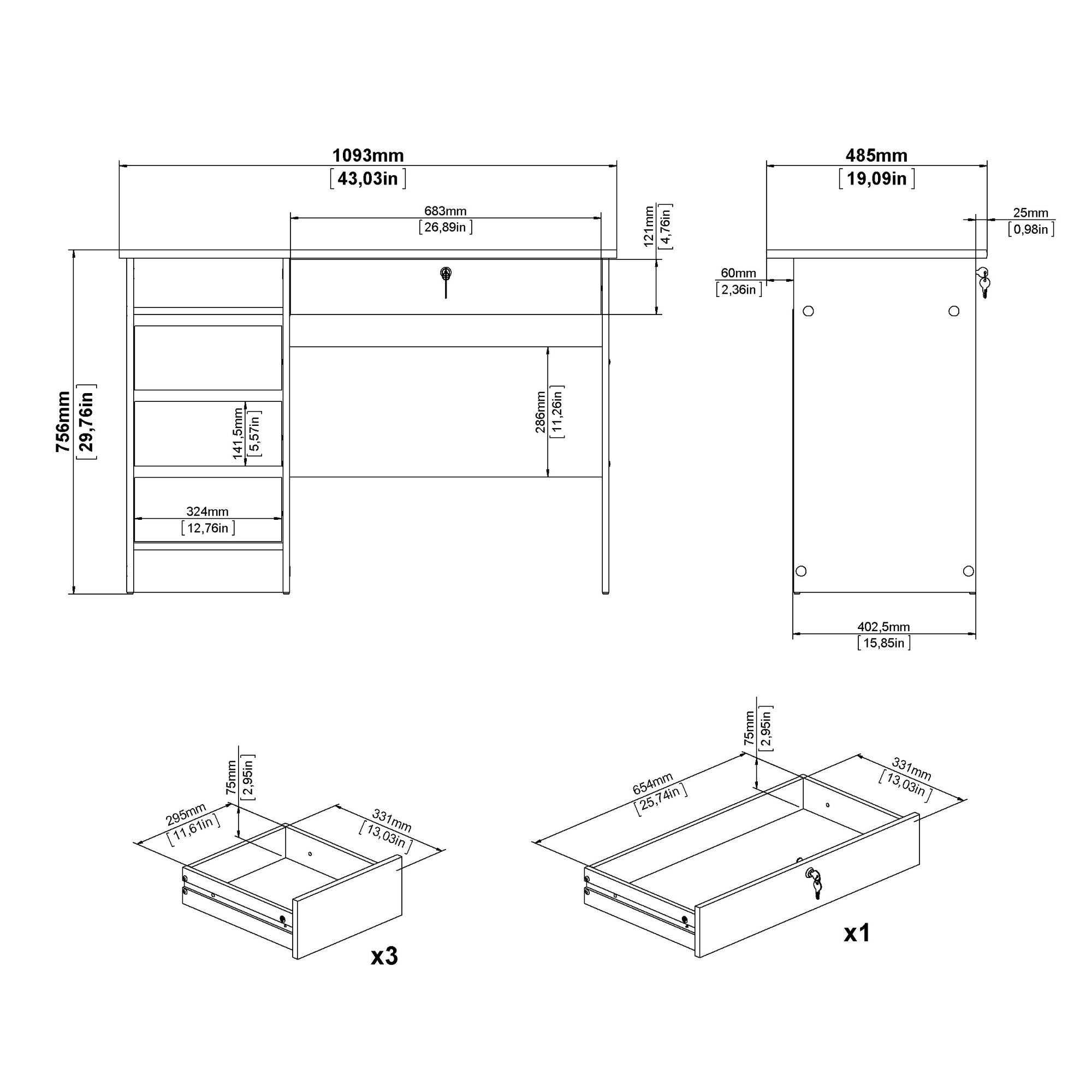 EYDA | שולחן עבודה ממלמין עם מגירות ומדף פתוח, 110 ס"מ