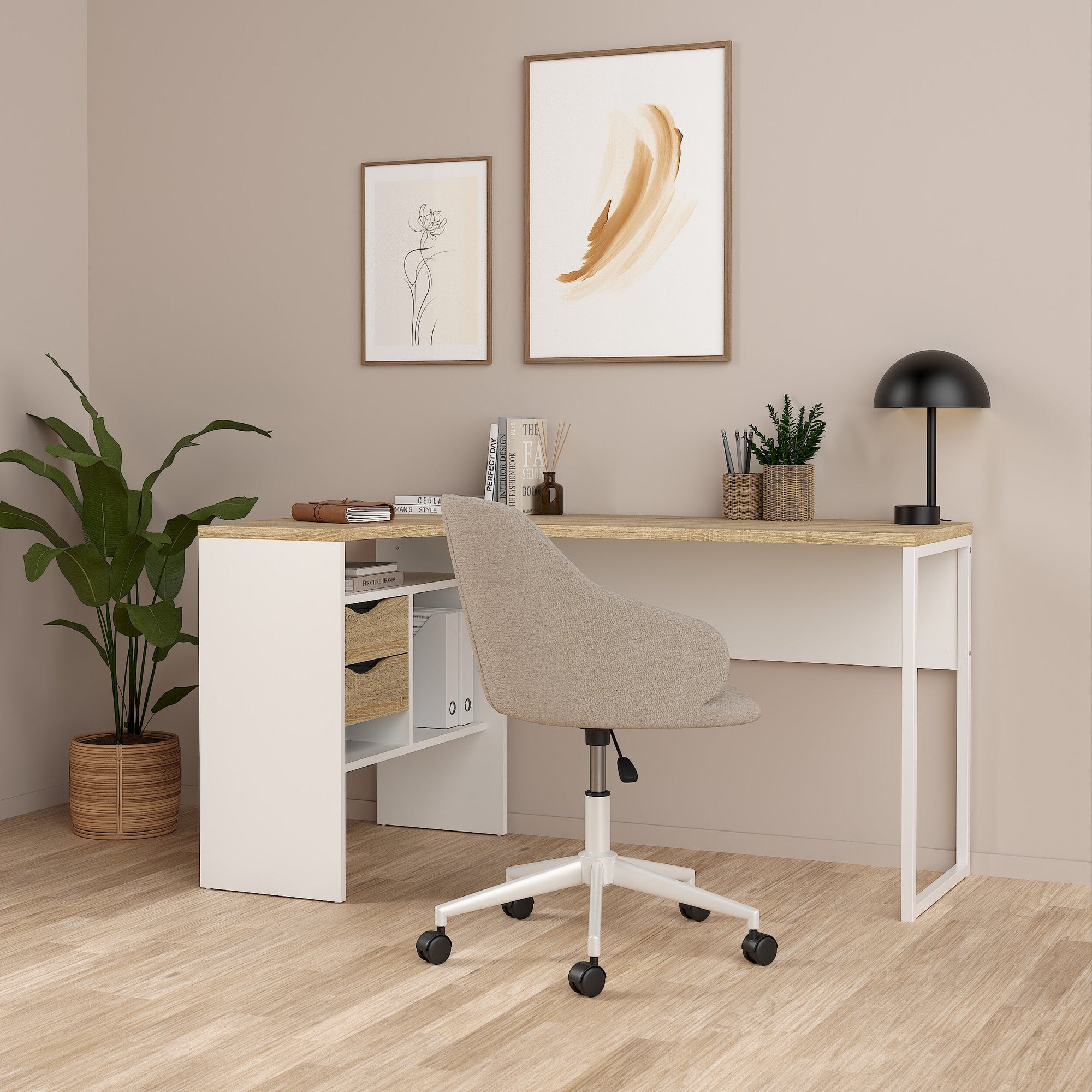 RIMINE | שולחן עבודה פינתי מעץ ומתכת עם מגירות ומדפים פתוחים, 145 ס"מ