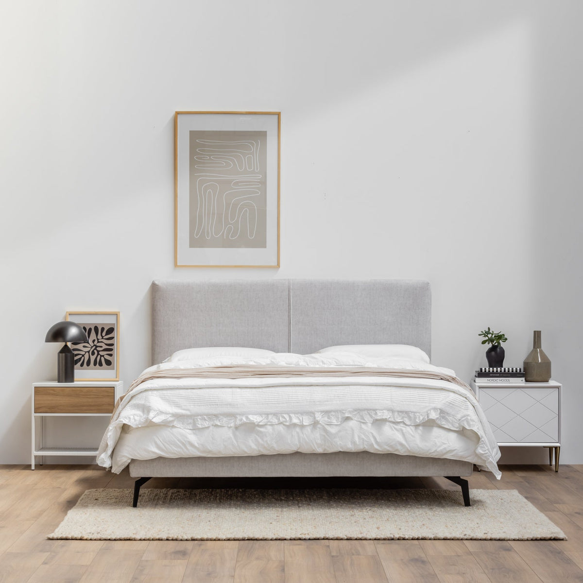 ALEX | מיטה נורדית מרופדת בבד אריג בהיר מידה 160X200, ארגז מצעים ללא ארגז מצעים