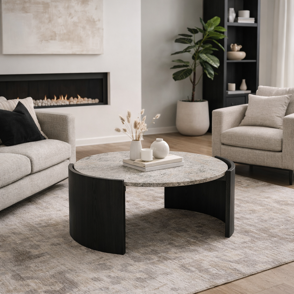 REXO | שולחן סלון עגול משיש ועץ מנגו, קוטר 95 ס"מ - KUALA