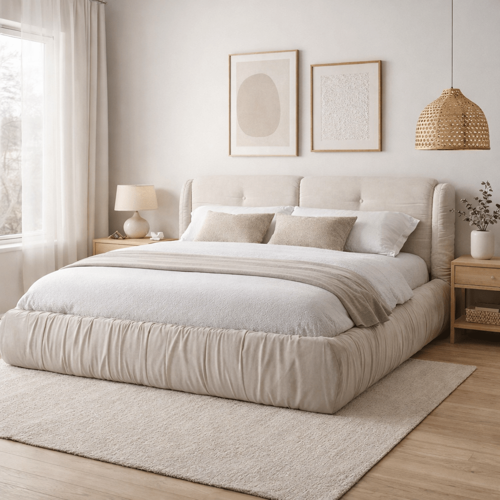 DESTI | מיטה זוגית מרופדת בבד אריג עם כיווצים