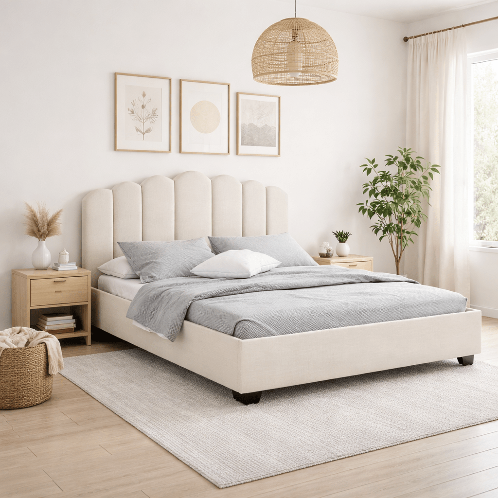 VILMA | מיטה נורדית מרופדת בבד אריג בגוון שמנת