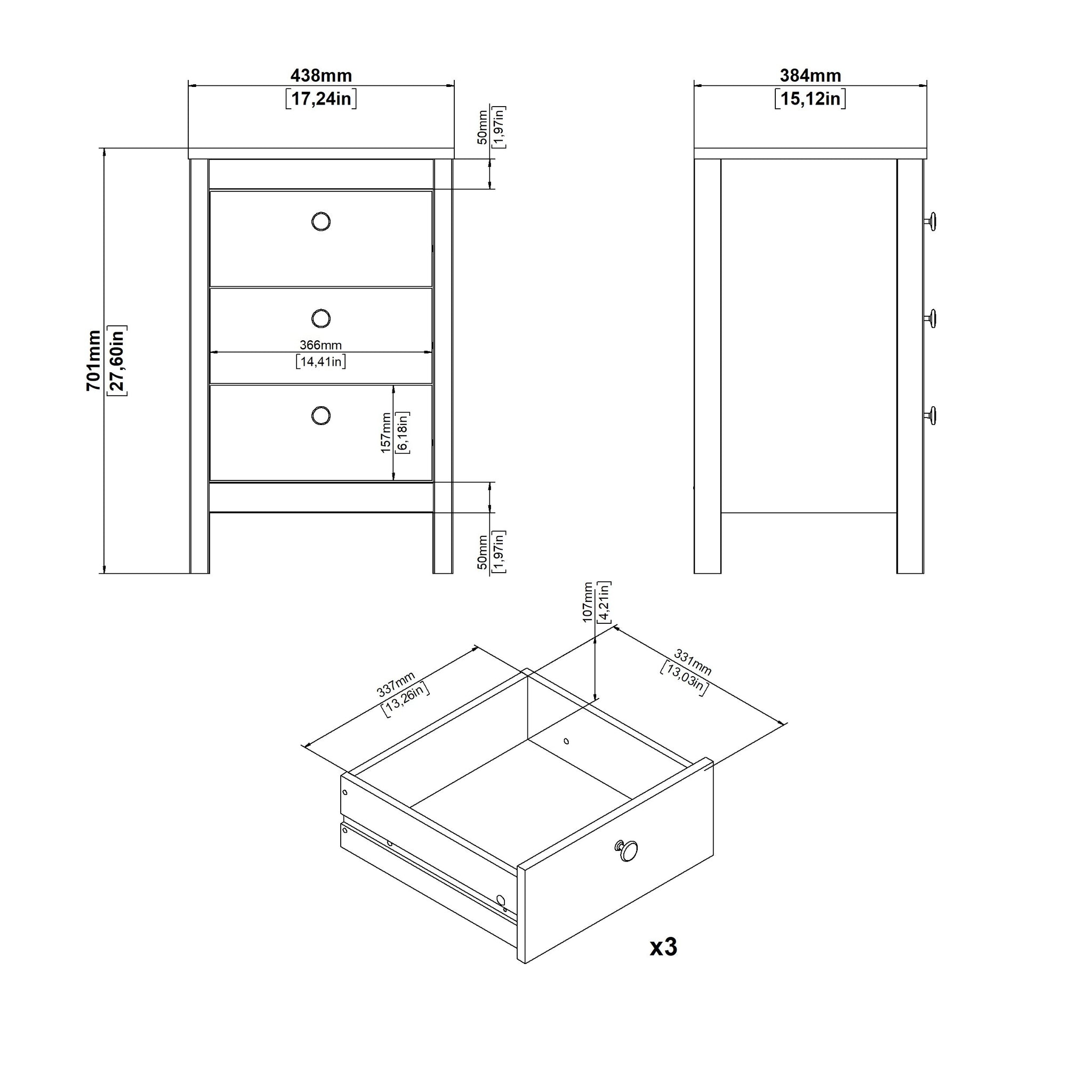 HALOK | שידת לילה 44/40 ס"מ, עם 3 מגירות - KUALA